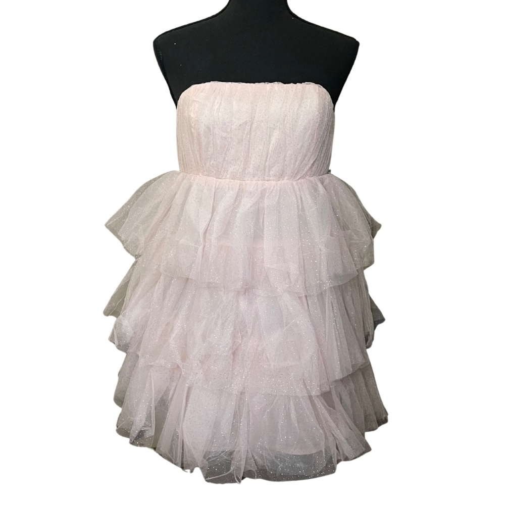 Strapless Pink Tulle Ruffle Tiered Silver Dot Dress
